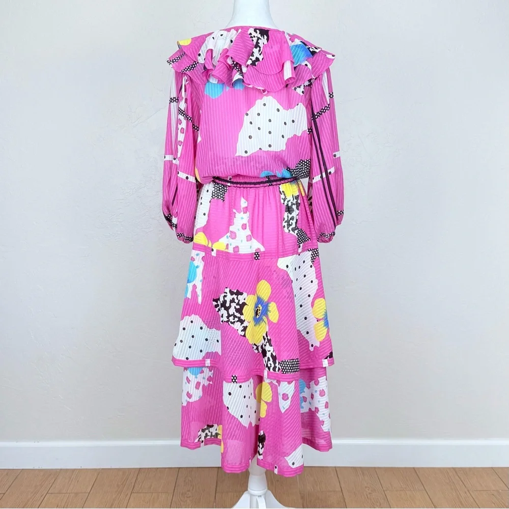 Vintage 1980s Diane Freis Pink Floral Smocked Waist Flutter Midi Dress S